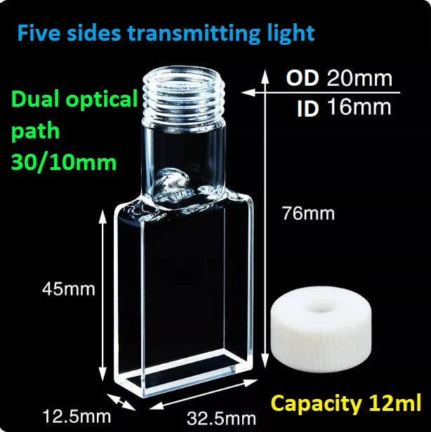 30mm Quartz thread sample cell fluorescence detection extra-large screw opening 12ml optical glued integrated molding five surface transmitting light insertable for electrode ultraviolet cuvette
