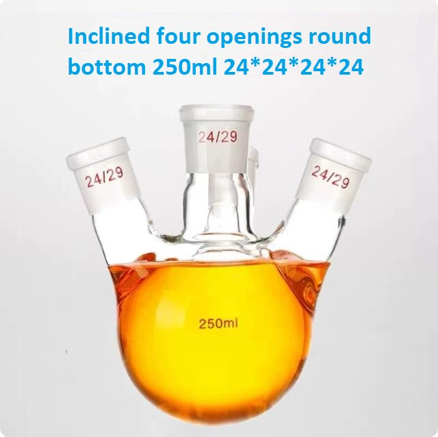 High-temperature resistant quartz round-bottom flask with four openings, standard frosted mouth and distillation reaction flask, customizable reaction flask