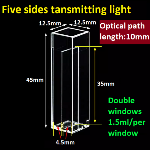 Quartz Double-window Fluorescent Cuvette Optical Path Length 10mm with Partition Optical Glued Integrated Five Transparent Sides