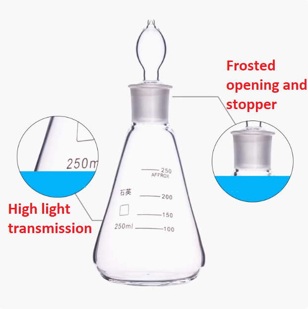 Quartz conical flask with frosted opening and stopper 100 150 250 500 1000ml graduated quartz triangle flask with stopper high temperature resistant