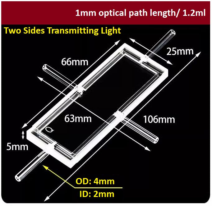 Quartz cuvette flow cell 1mm optical path length two sides transmitting light can be customized