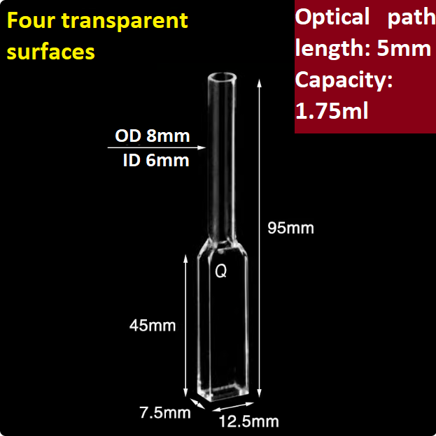 Quartz cuvette sample cell with a tube optical path 10mm/5mm/1mm two/four transparent sides integrated molding process