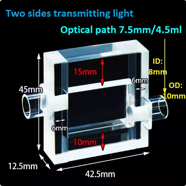 Quartz flow cell cuvette optical path 7.5mm 4.5ml High light transmittance and ultraviolet transmission customized
