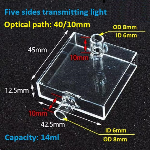 Quartz flow cuvette 40/10mm dual optical path high transmission in ultraviolet fluorescence integrated molding process resistant to acid and alkali customizable