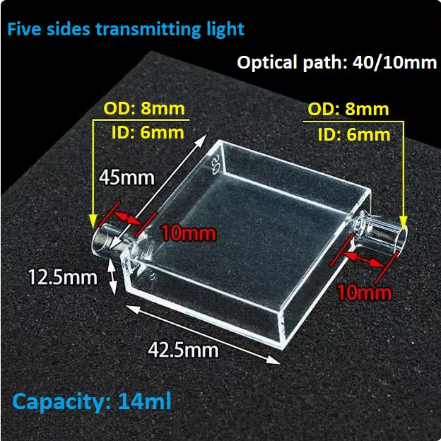 Quartz flow cuvette 40/10mm dual optical path high transmission in ultraviolet fluorescence integrated molding process resistant to acid and alkali customizable