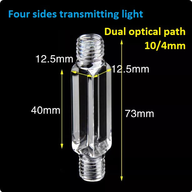 Quartz fluorescence micro-flow cell cuvette threaded connector dual optical path 4/10mm 1.4ml integrated molding process four sides transmitting light