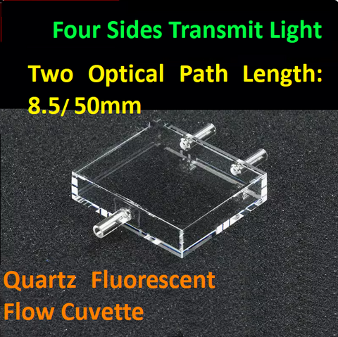 Quartz fluorescent flow cuvette with two optical path length 8.5/50mm four sides transmitting light ultraviolet transmitting