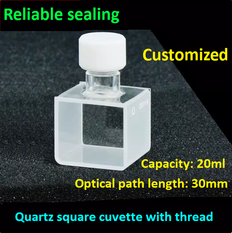 Quartz square cuvette sample cell with thread 30mm optical path length 20ml capacity two sides transmitting light ultraviolet