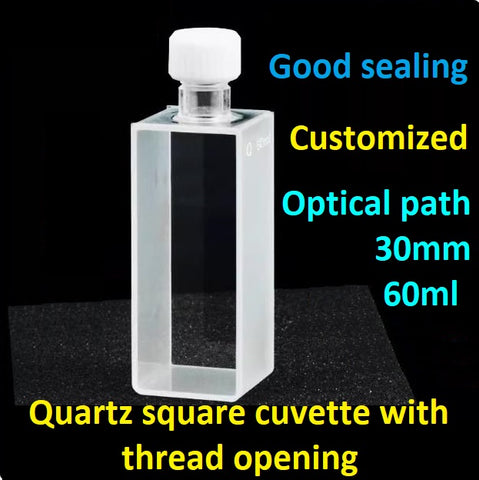 Quartz square cuvette sample cell with thread opening optical path 30mm and capacity 60ml two sides transmitting light ultraviolet