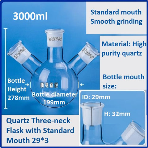 Three-Neck Fused Quartz Glass Flasks with Standard Mouth 24/29